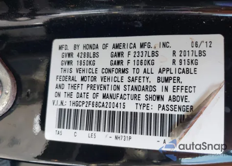 2012 Honda Accord 2.4 Se from USA, damaged, VIN 1HGCP2F68CA200415